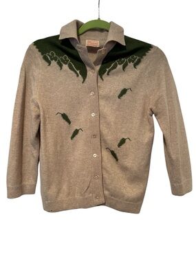 Vintage Full FashionedBeige and Green Chili Pepper Button-Up Cardigan Sweater